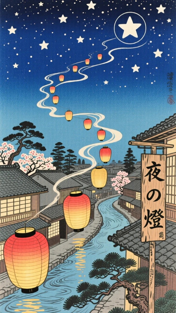 A winding path of floating lanterns through a starry sky, soaring above a sleeping city.