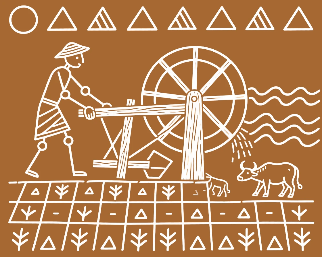 A farmer repairing a wooden plow irrigating a field using a hand-drawn water wheel.