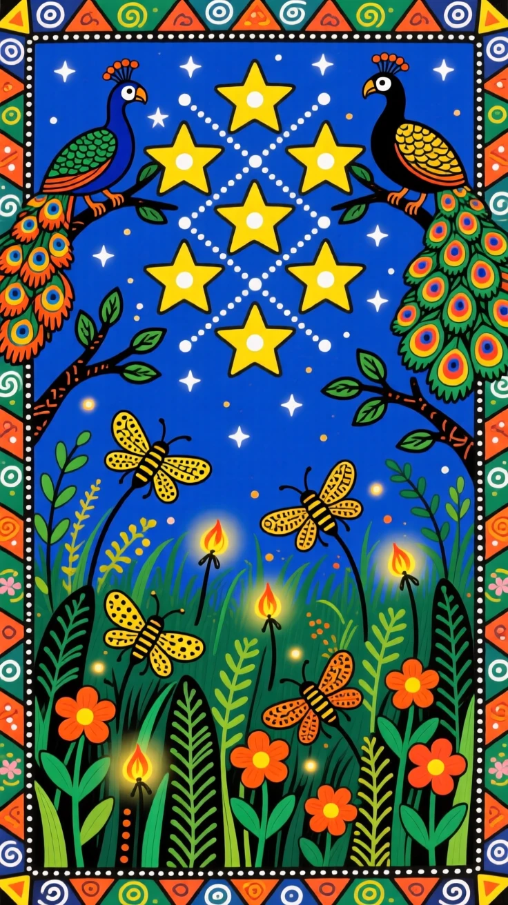A field of glowing fireflies mirroring the stars above.