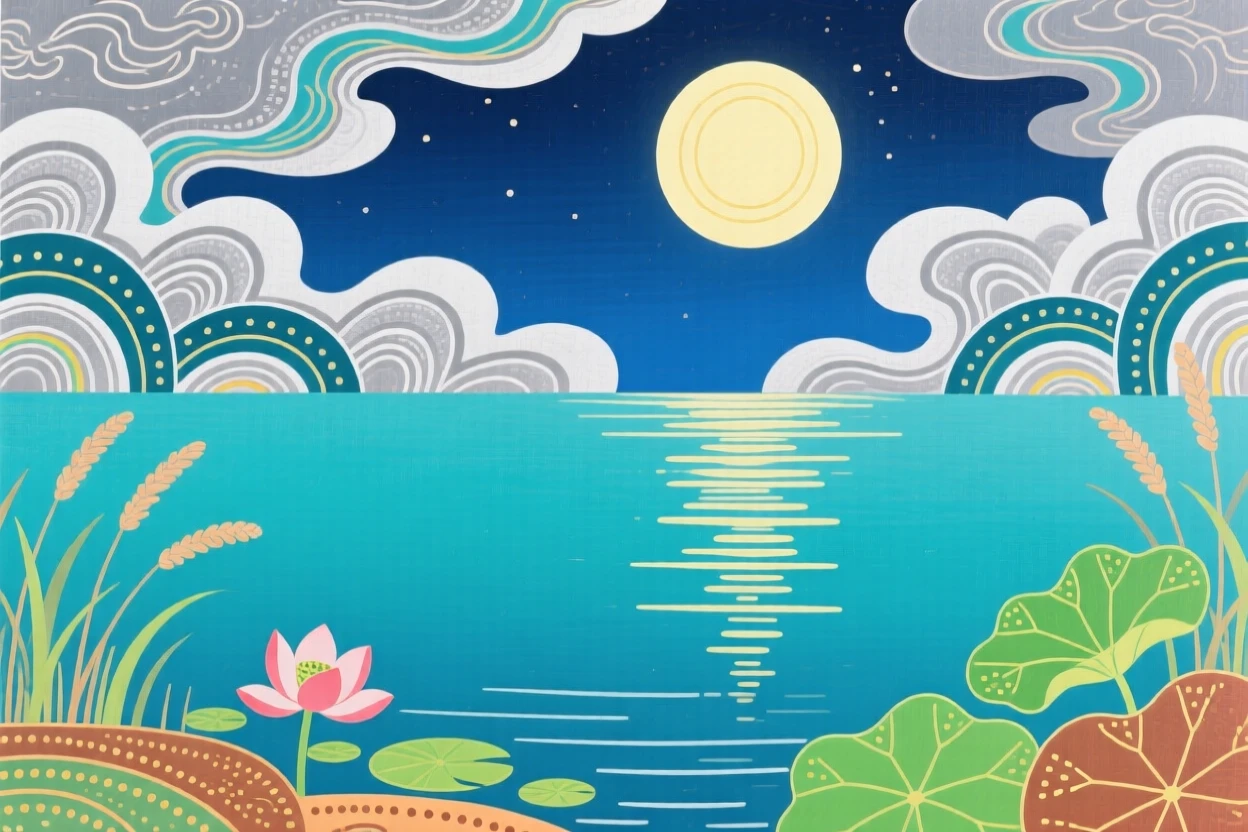 A still lake, beneath drifting clouds lit by moonlight.