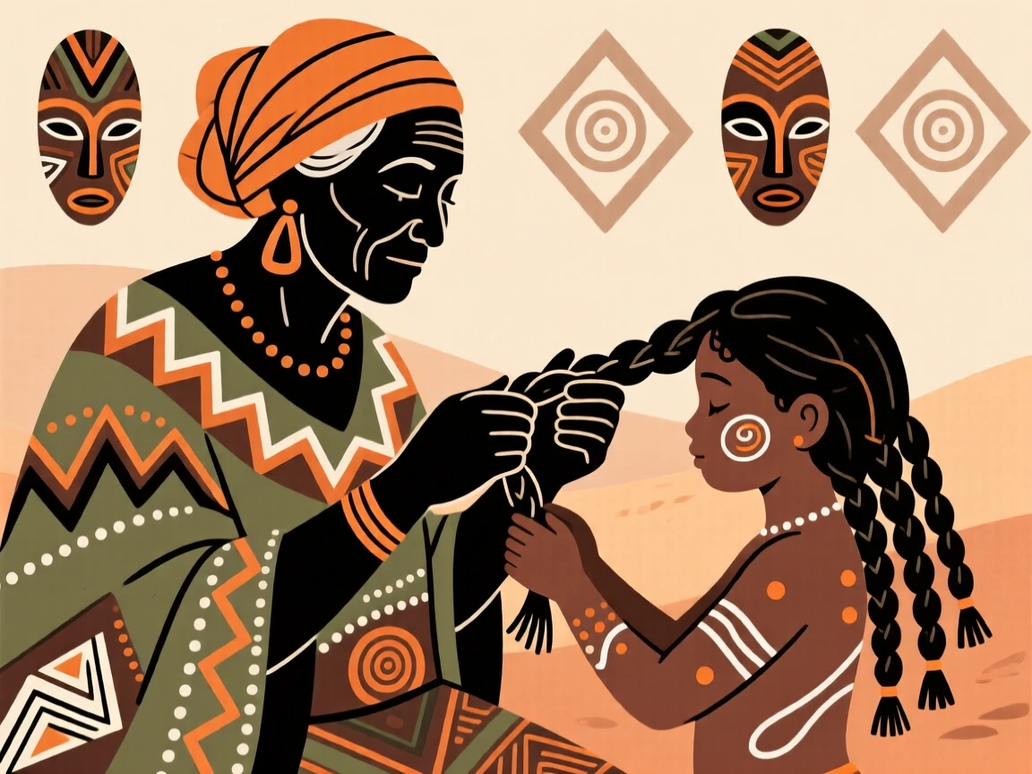 A grandmother braiding her granddaughter's hair.