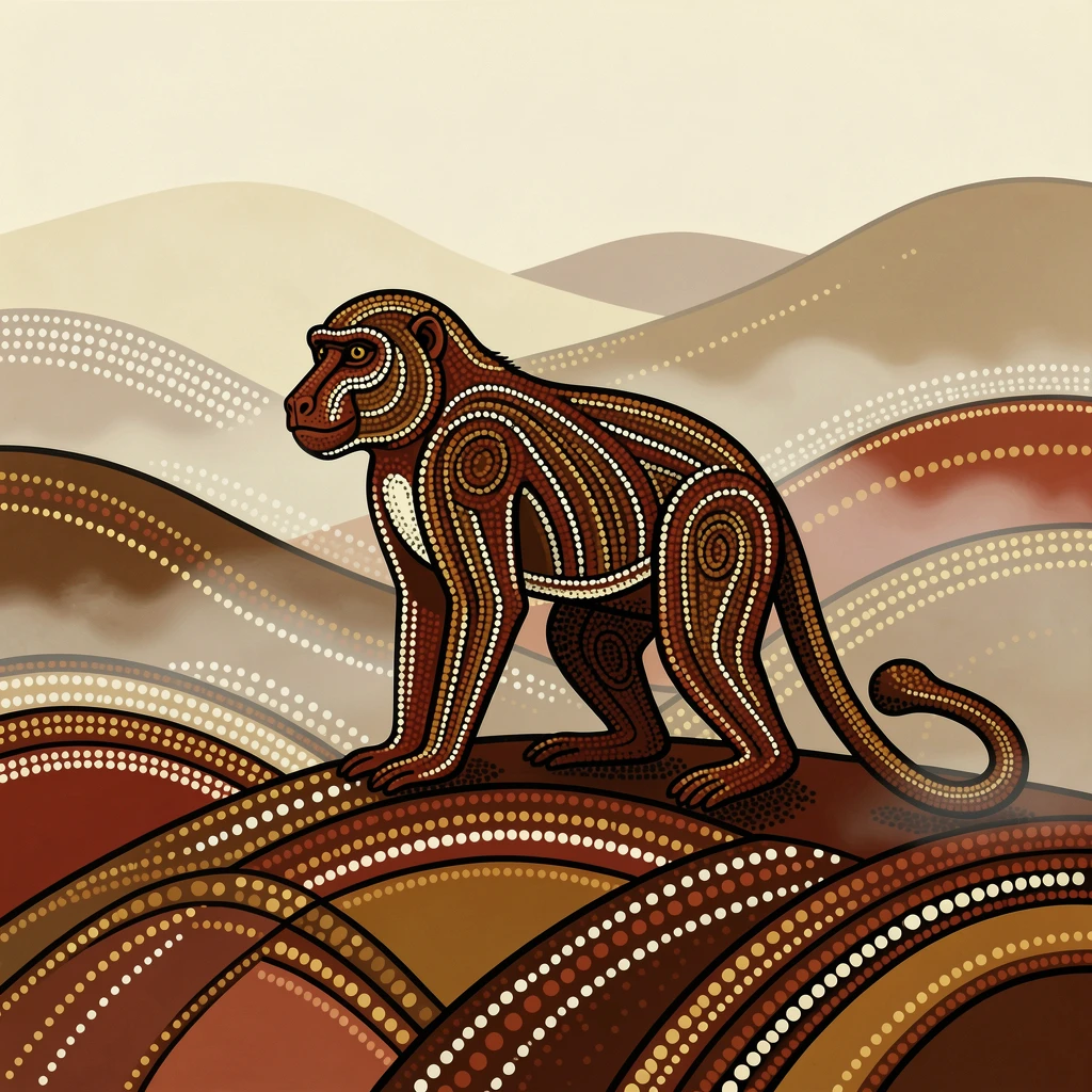 A lone baboon standing on a misty hillside