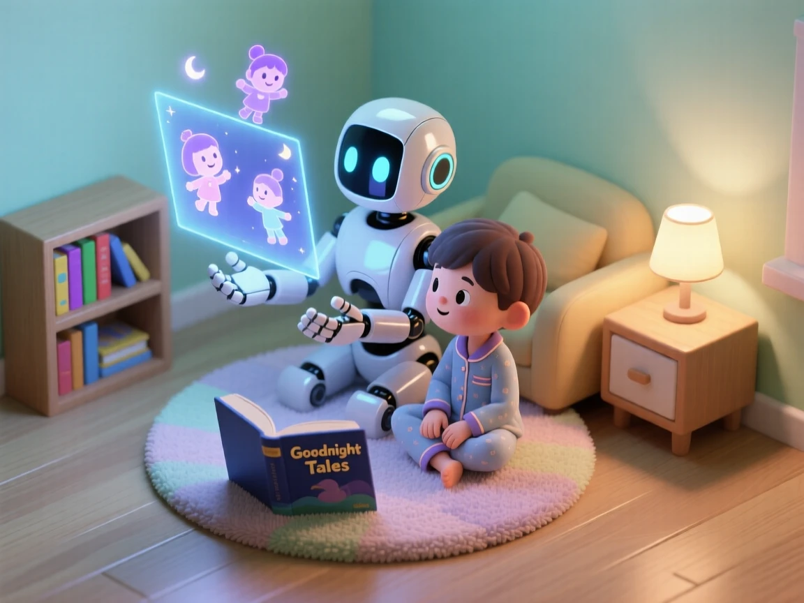 A robot companion reading a bedtime story to a child using a holographic projection of animated characters.
