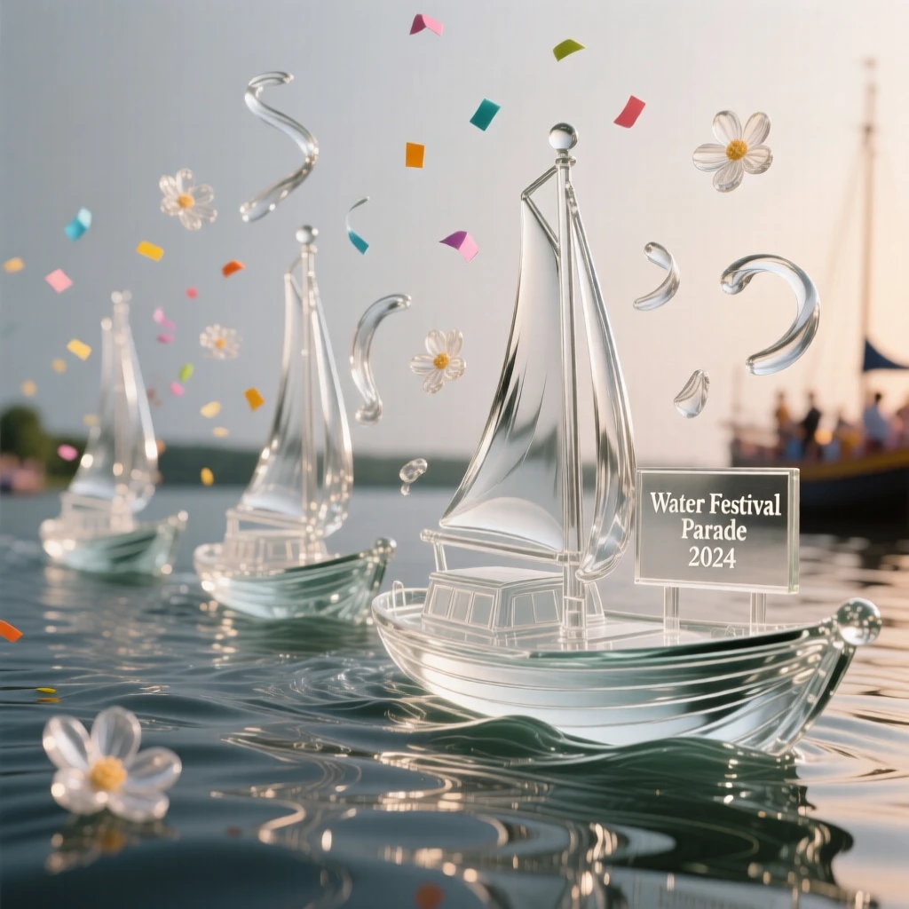 A boat parade drifting down a river during a water festival while confetti and petals drift through the evening air
