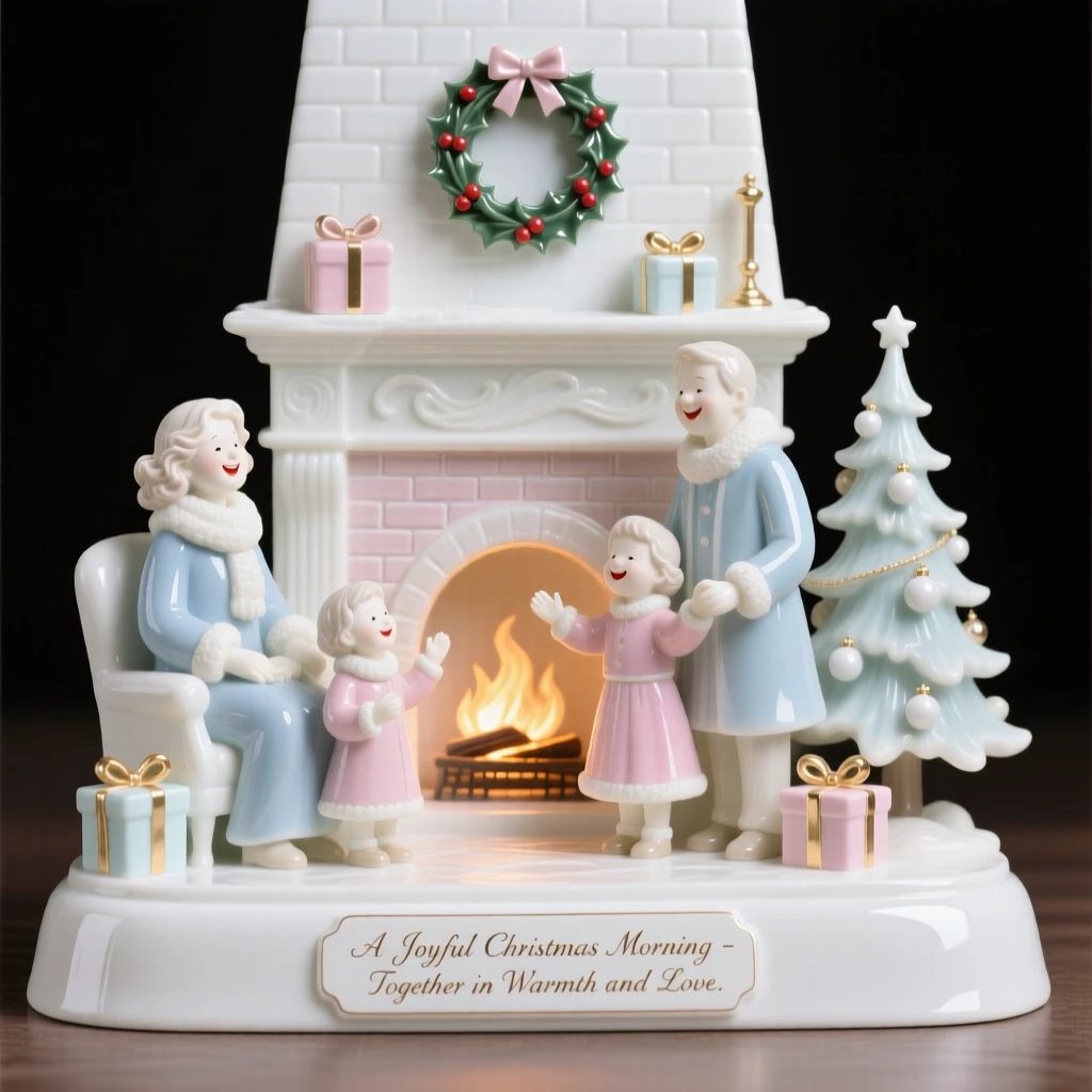 A joyful Christmas morning by the fireplace scene, families and friends gathered together happily.