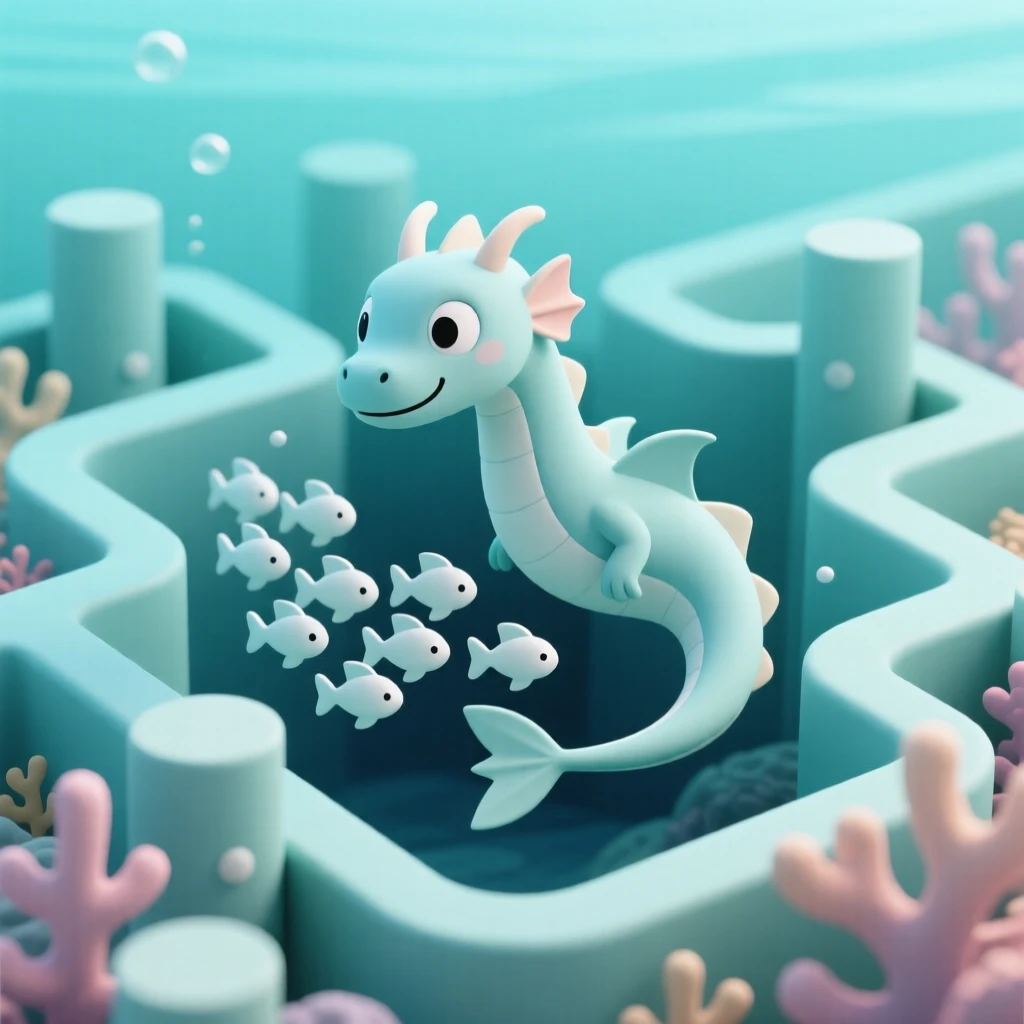 A friendly sea dragon escorts a lost school of fish safely home through a shimmering coral maze.