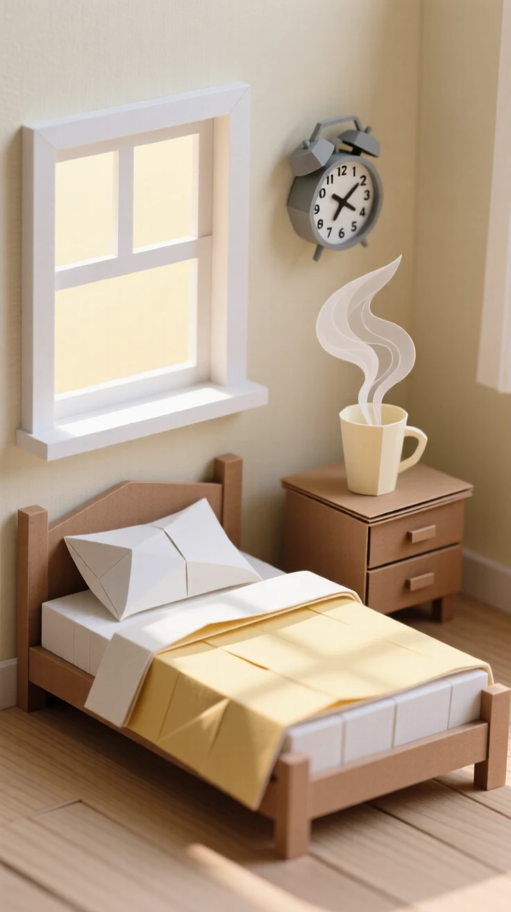 A minimalist sunlit bedroom bathed in soft morning light, with steam rising gently from a warm drink, capturing simple everyday beauty.