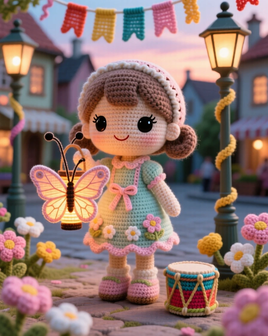 a little girl holding a small paper lantern shaped like a butterfly, for a spring festival, watching it glow softly at dusk, at a village square decorated with flowers and ribbons, with a small drum resting nearby, radiating warm cultural pride and festive belonging.
