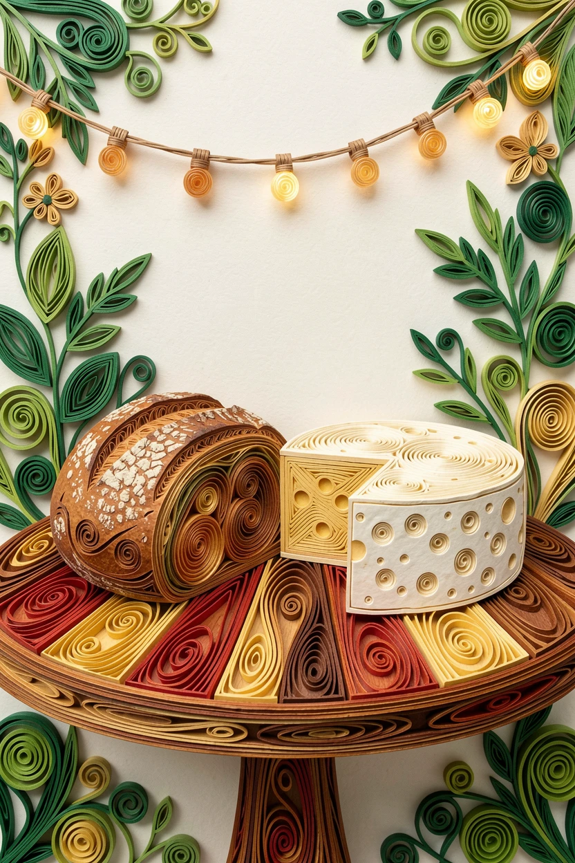 a rustic loaf of bread beside a wheel of cheese, at an outdoor café table with string lights above, arranged with rustic textures adding warmth, in a fresh palette of green, red, and gold.