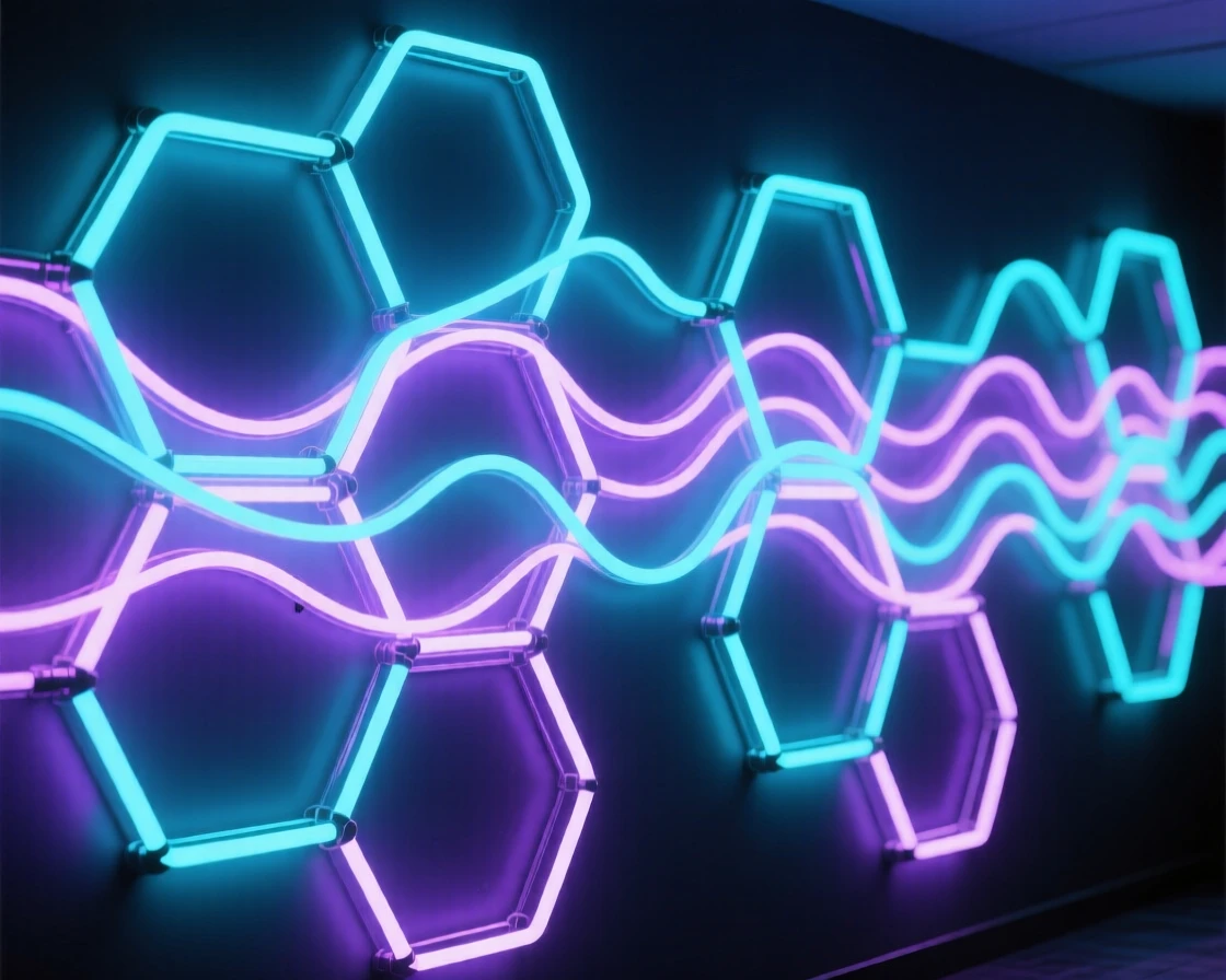 A wall of hexagonal modules forming a rippling three-dimensional surface.