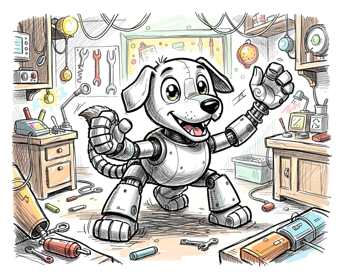 A robot dog wagging a metal tail in a colorful workshop full of gadgets.