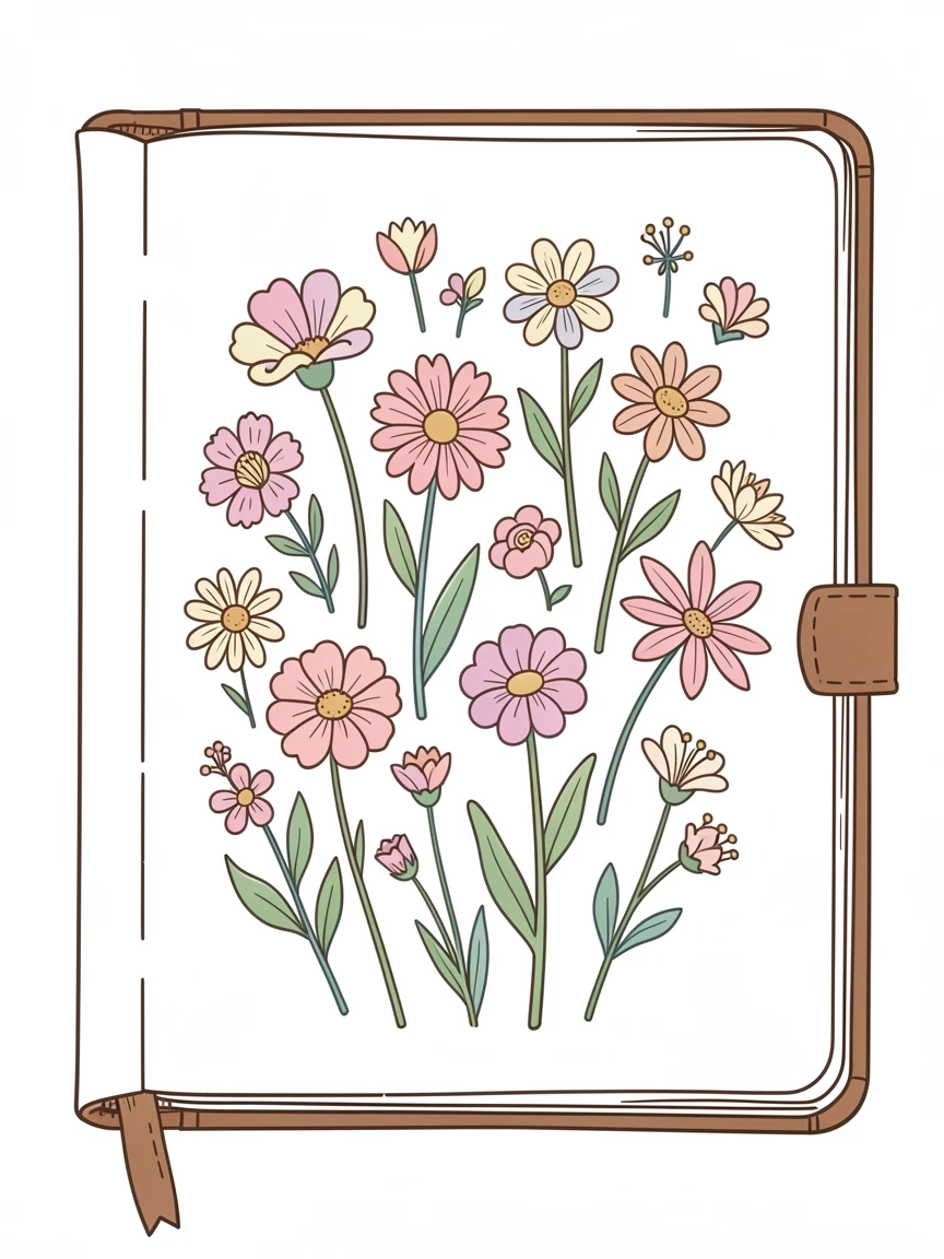 A collection of pressed wildflowers arranged in a leather-bound journal.