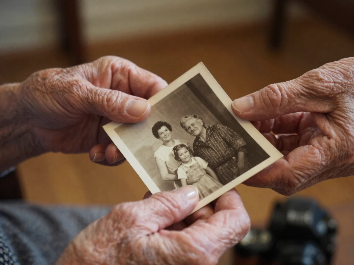 A close-up of an elderly woman's hands holding a photograph