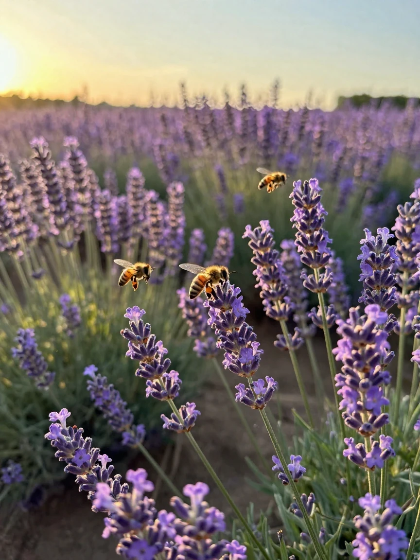 A field of wild lavender buzzing with bees under a warm afternoon sun