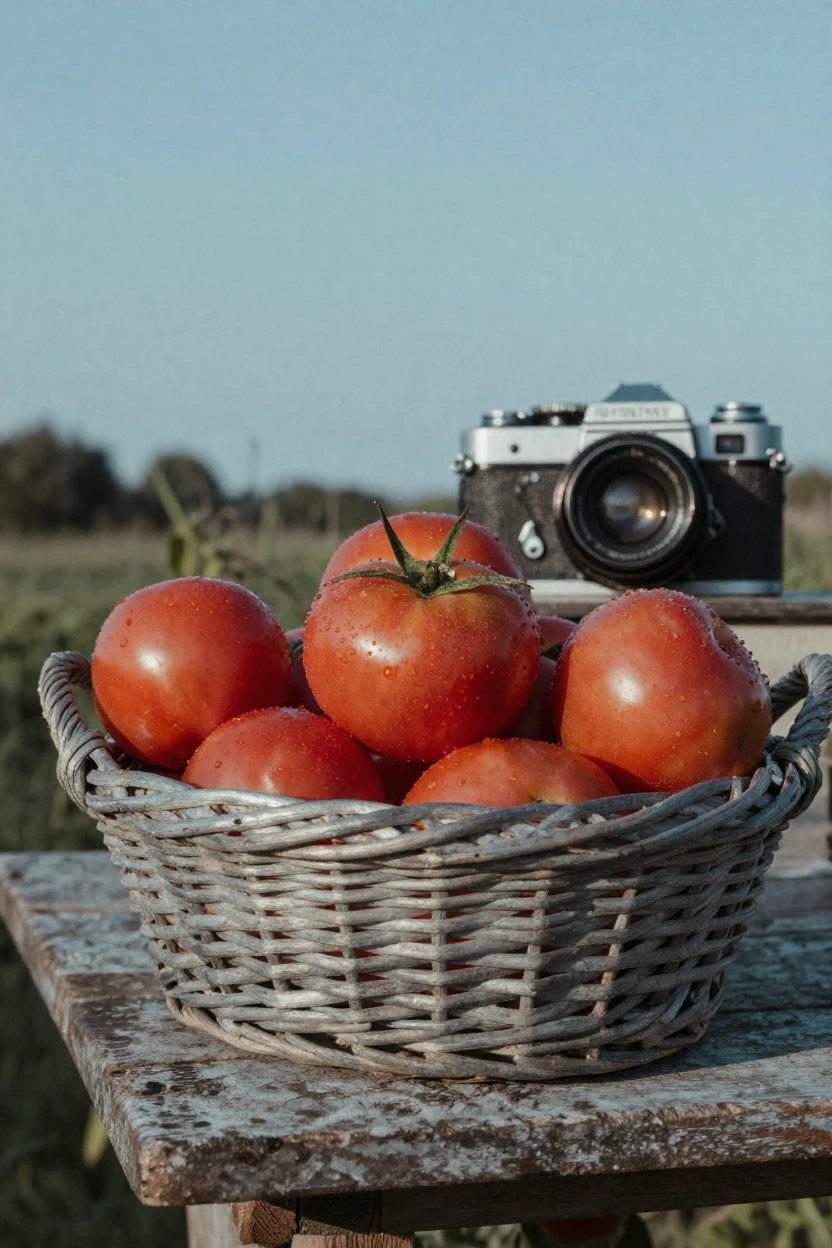 A basket of freshly picked tomatoes on a garden table, in low lamplight, on a clear, cloudless day, during the long days of summer, in cool blues and silvery greys, in a tight close-up.