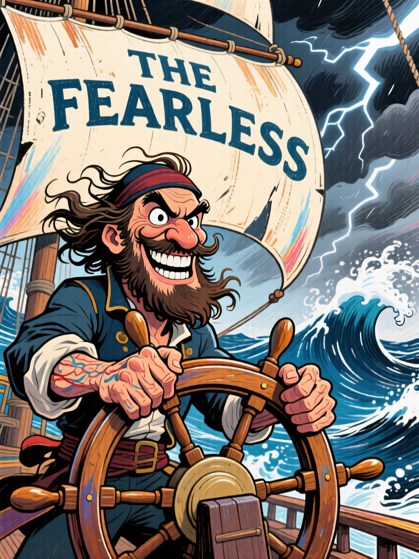 A daring sea captain steering his ship through a raging storm, hand gripping the wheel.