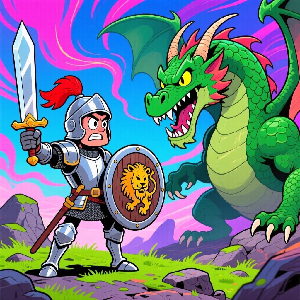 An imaginative fantasy scene of a brave knight facing down a mighty foe with fearless determination, under a sky painted with impossible colors.