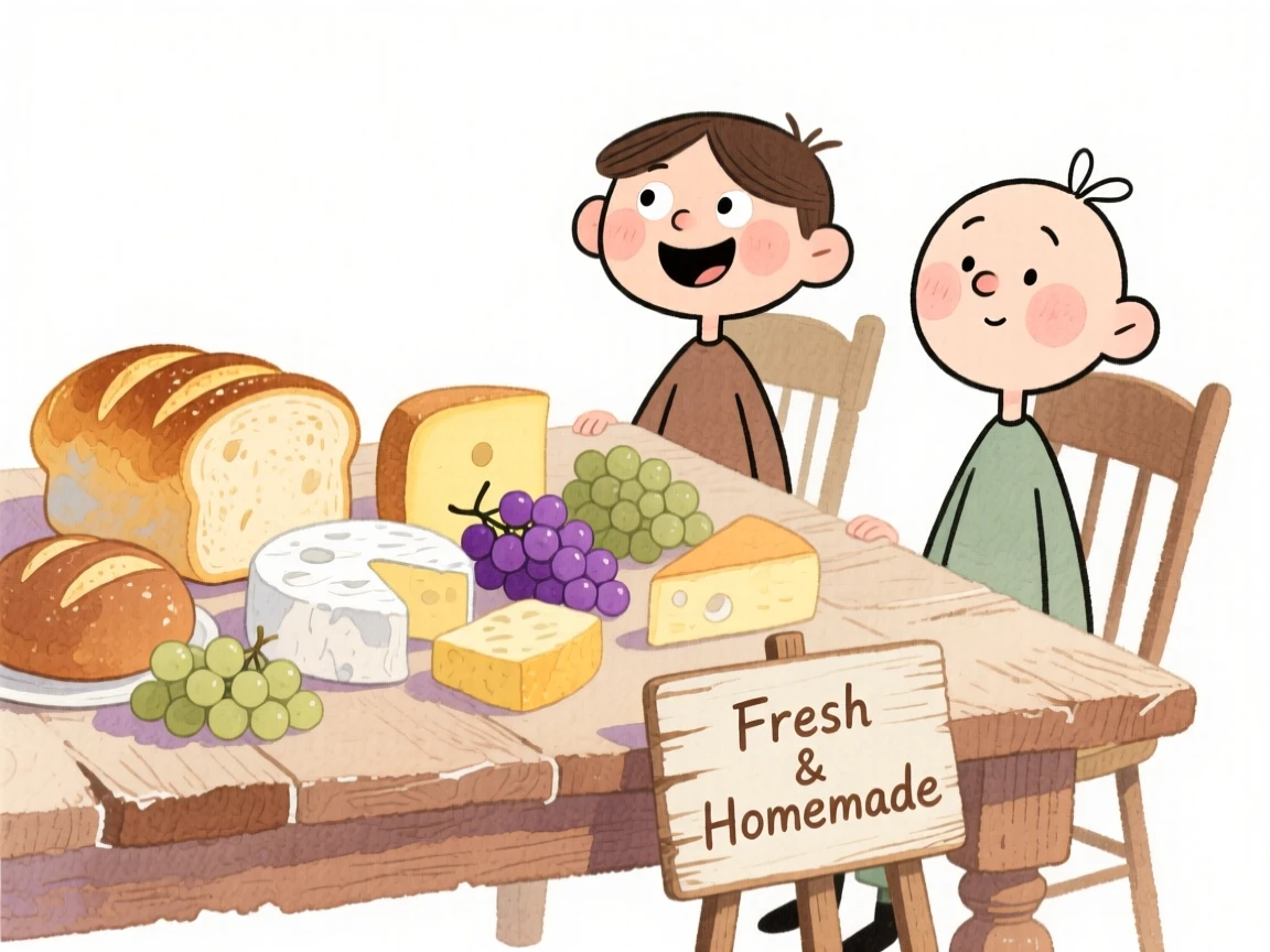A cozy, appetizing, soft and dreamy scene of a rustic table spread with fresh bread, cheese, and grapes