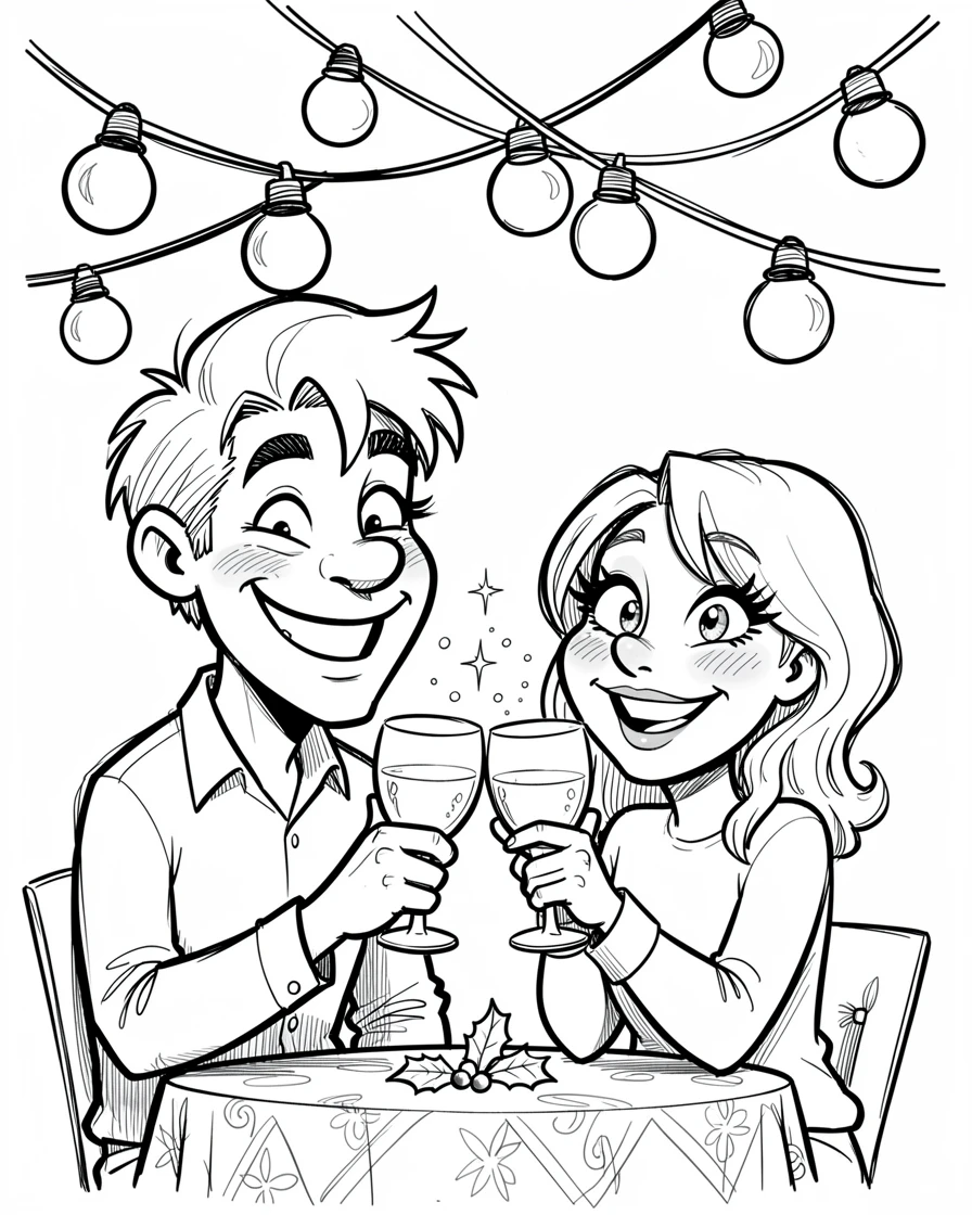 [Seasonal Holidays & Celebrations] Festive scene of a cozy couple toasting under a canopy of string lights, full of celebration and joy