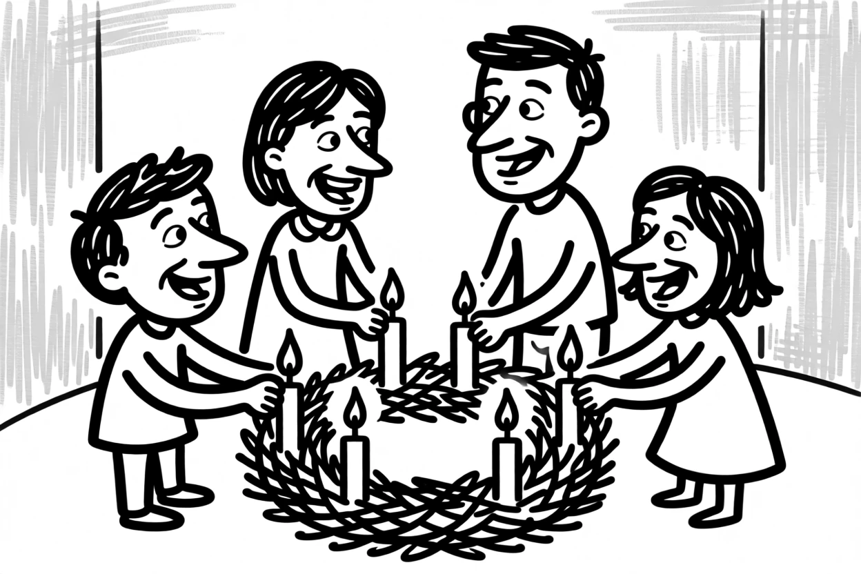 A quiet Advent evening with a family lighting candles one by one around a wreath.