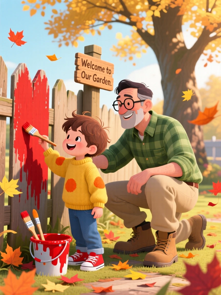 A shy young boy laughs while painting a fence together on a sunny day together with his kind uncle, as autumn leaves swirl around them.