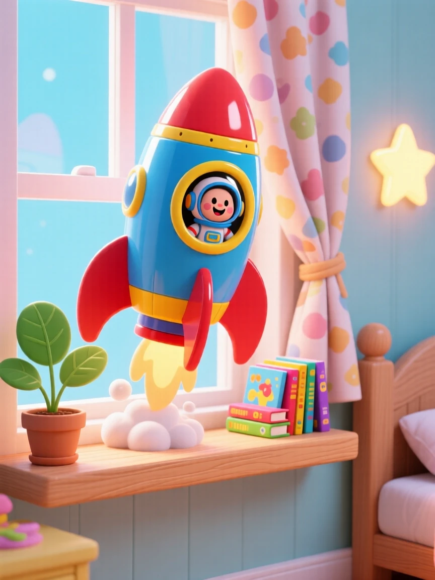 A toy rocket ship ready for launch on a bedroom windowsill.