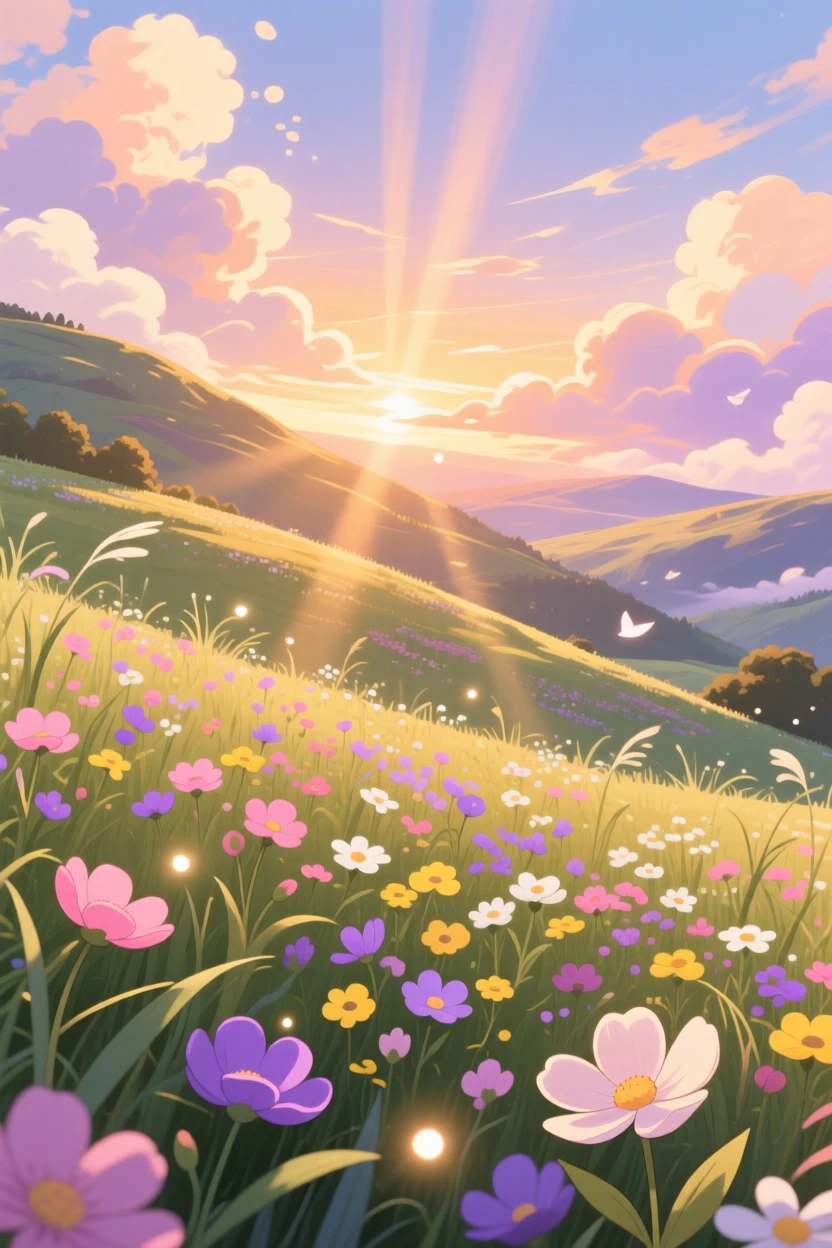 A breathtaking view of a sweeping valley carpeted in wildflowers, with soft clouds casting slow-moving shadows across the land, at golden hour, captured from a low angle looking up.