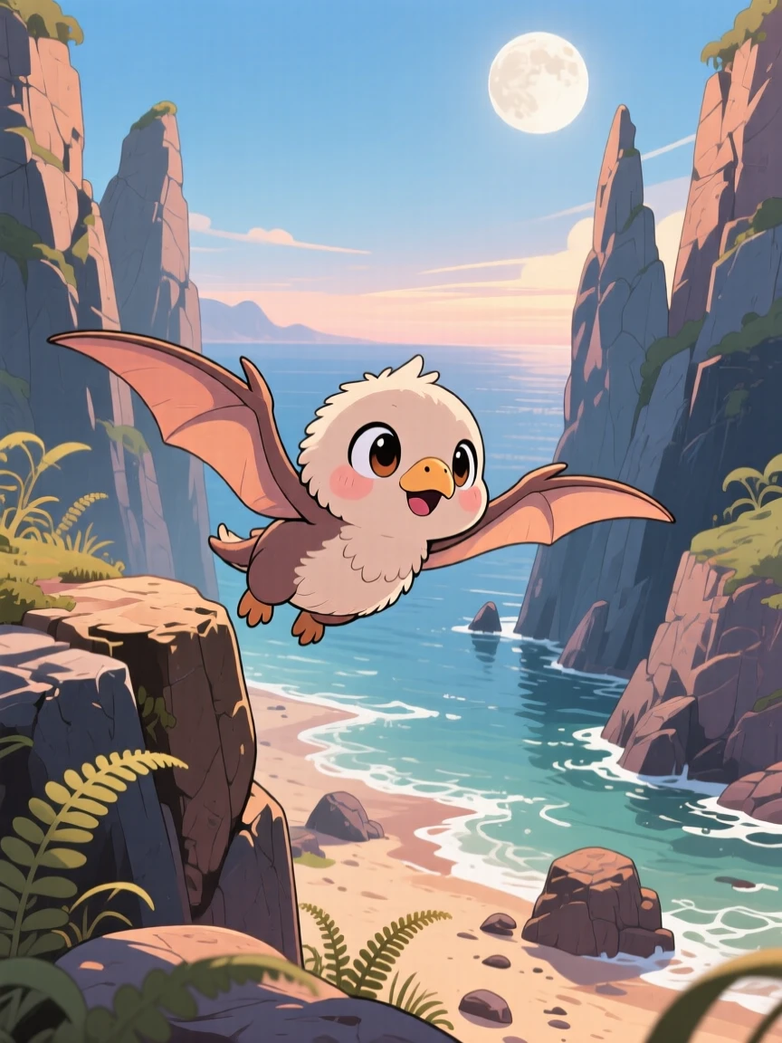 A baby pterodactyl learning to glide between rocky cliffs in a dramatic prehistoric coastline under a clear summer sky; soft moonlight washes over the scene as gentle surprise fills the moment. Over-the-shoulder view.