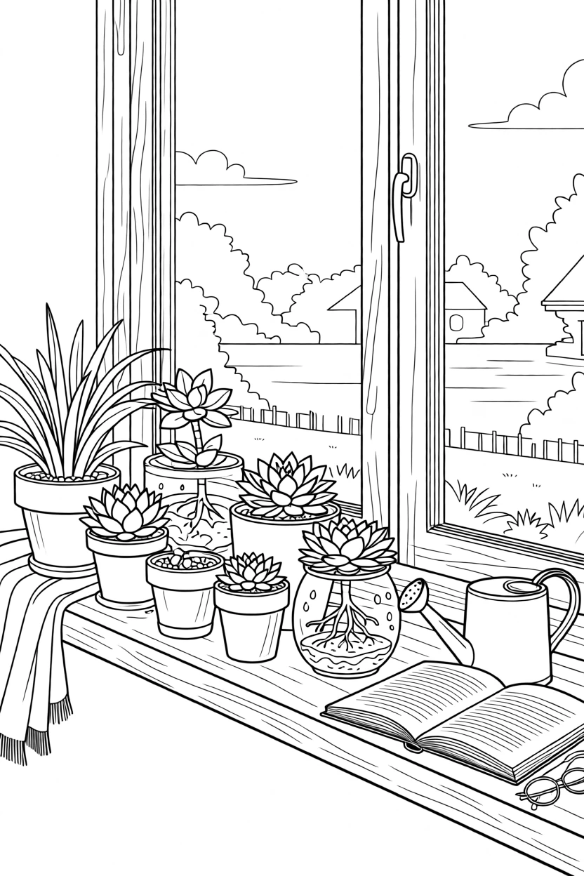 A windowsill lined with potted succulents, with delicate roots visible through the glass.