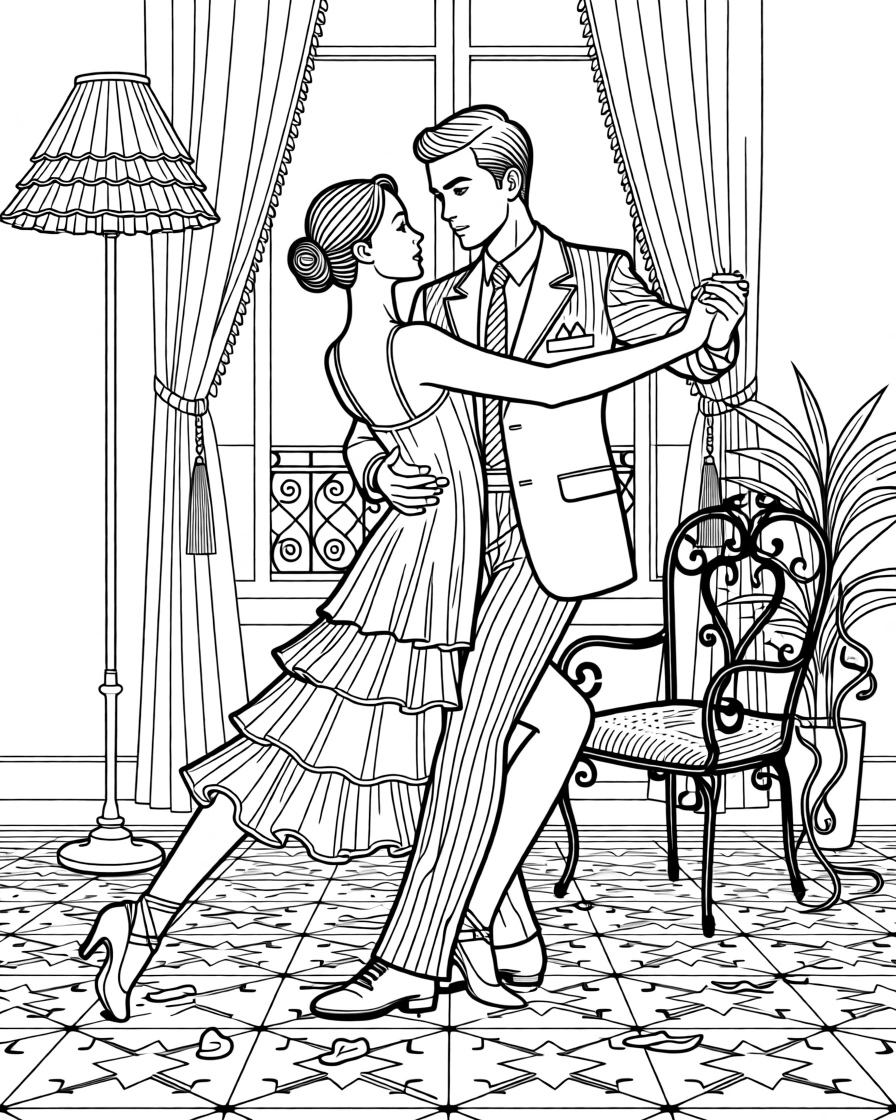 A tango dancer pair in mid-step.