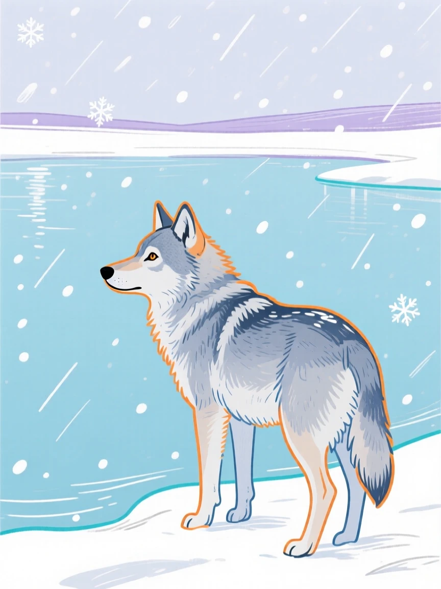 A young wolf watching the horizon beside a still lake during a light snowfall.