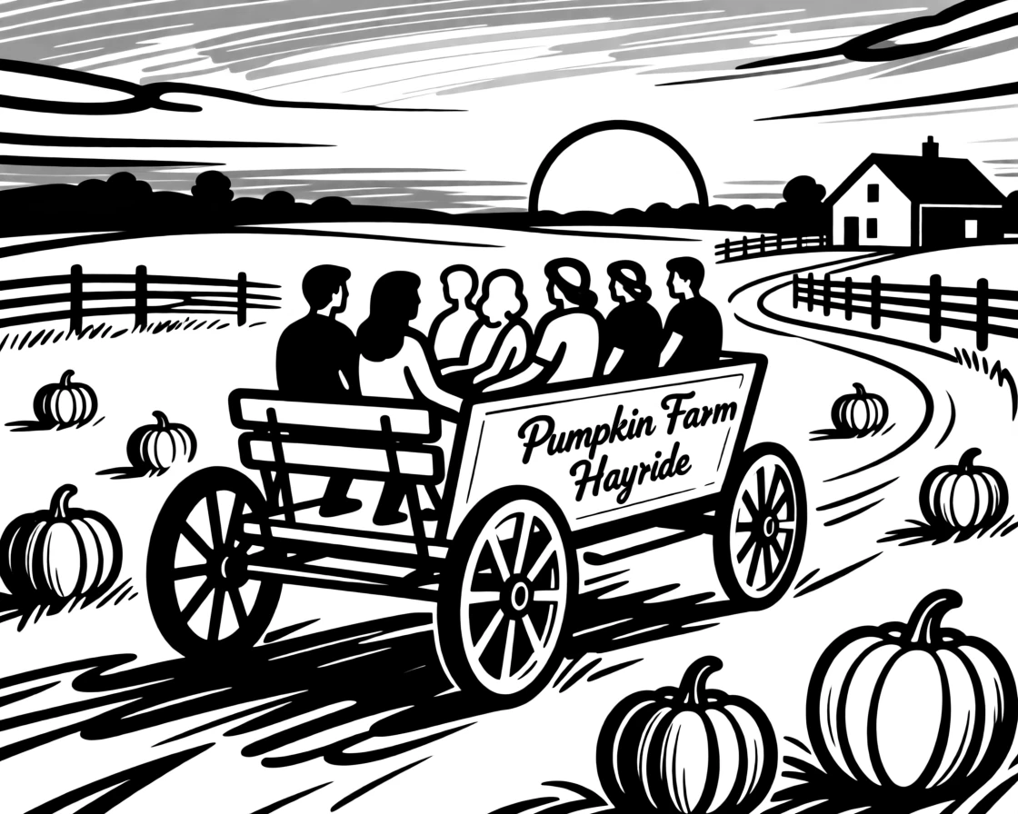 A hayride wagon full of visitors touring a pumpkin farm at sunset.