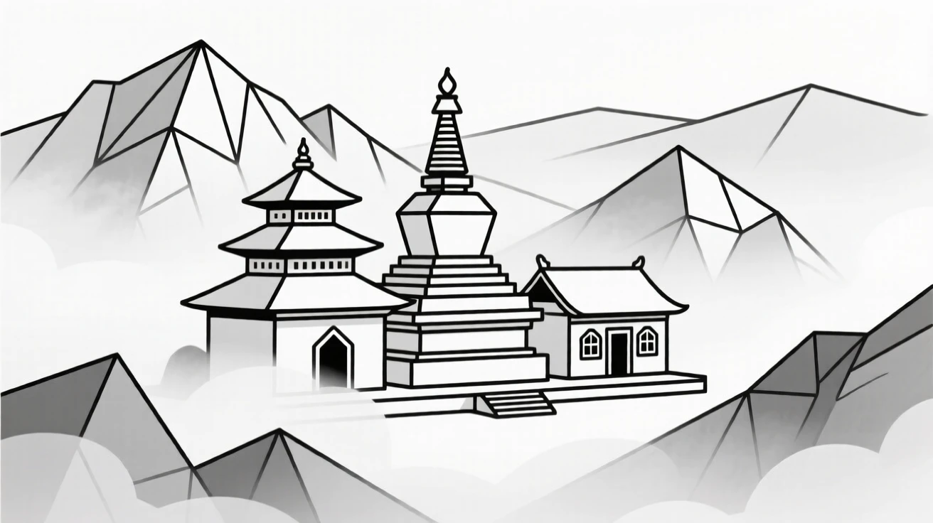 A Buddhist temple complex nestled in misty mountains