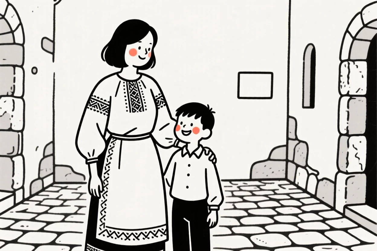 A mother and son of Polish heritage, grinning mischievously, in an old stone courtyard.