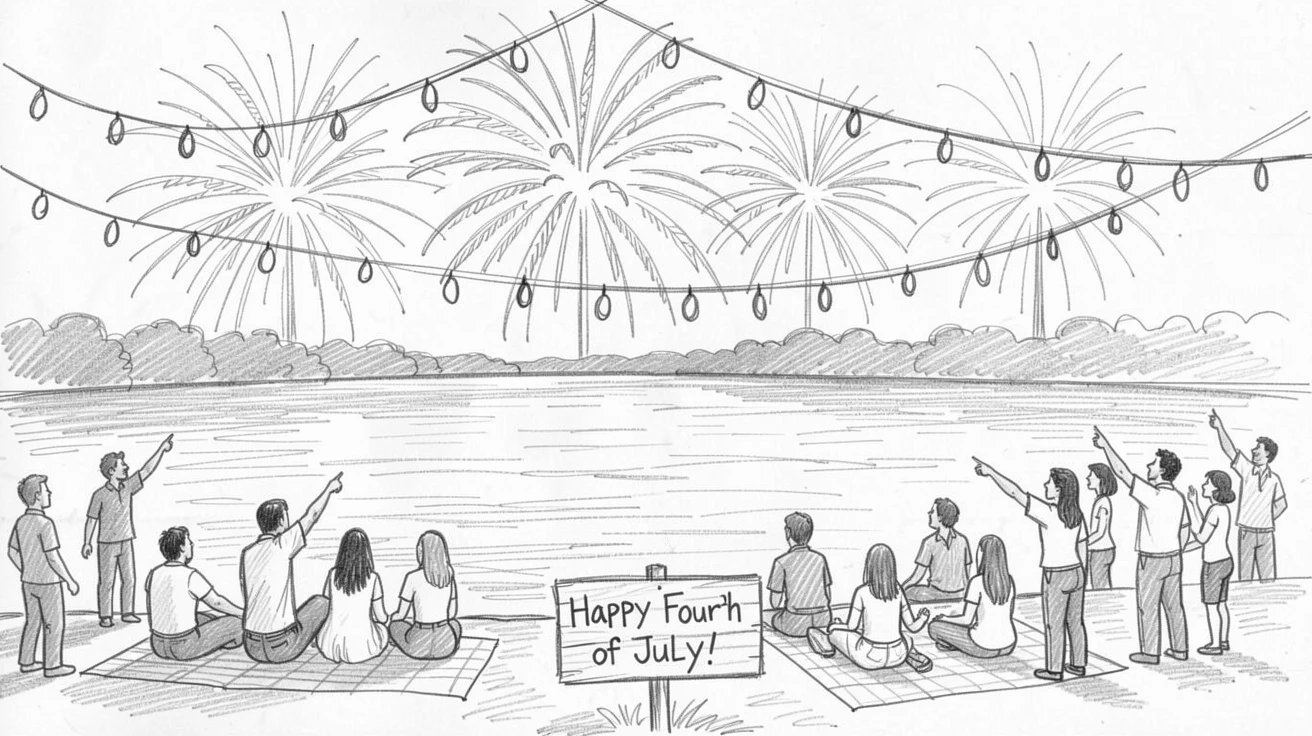 A festive scene of a Fourth of July fireworks display over a lake beneath strings of festive lights, with an atmosphere of celebration and togetherness.