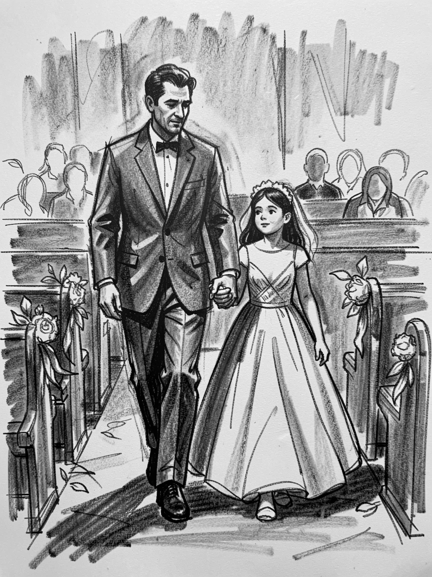 A father walking his daughter down the aisle, with a light breeze stirring the surroundings.