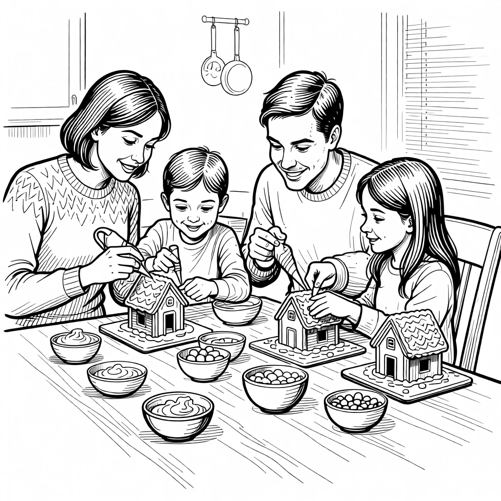 A family decorating gingerbread houses together at a kitchen table.