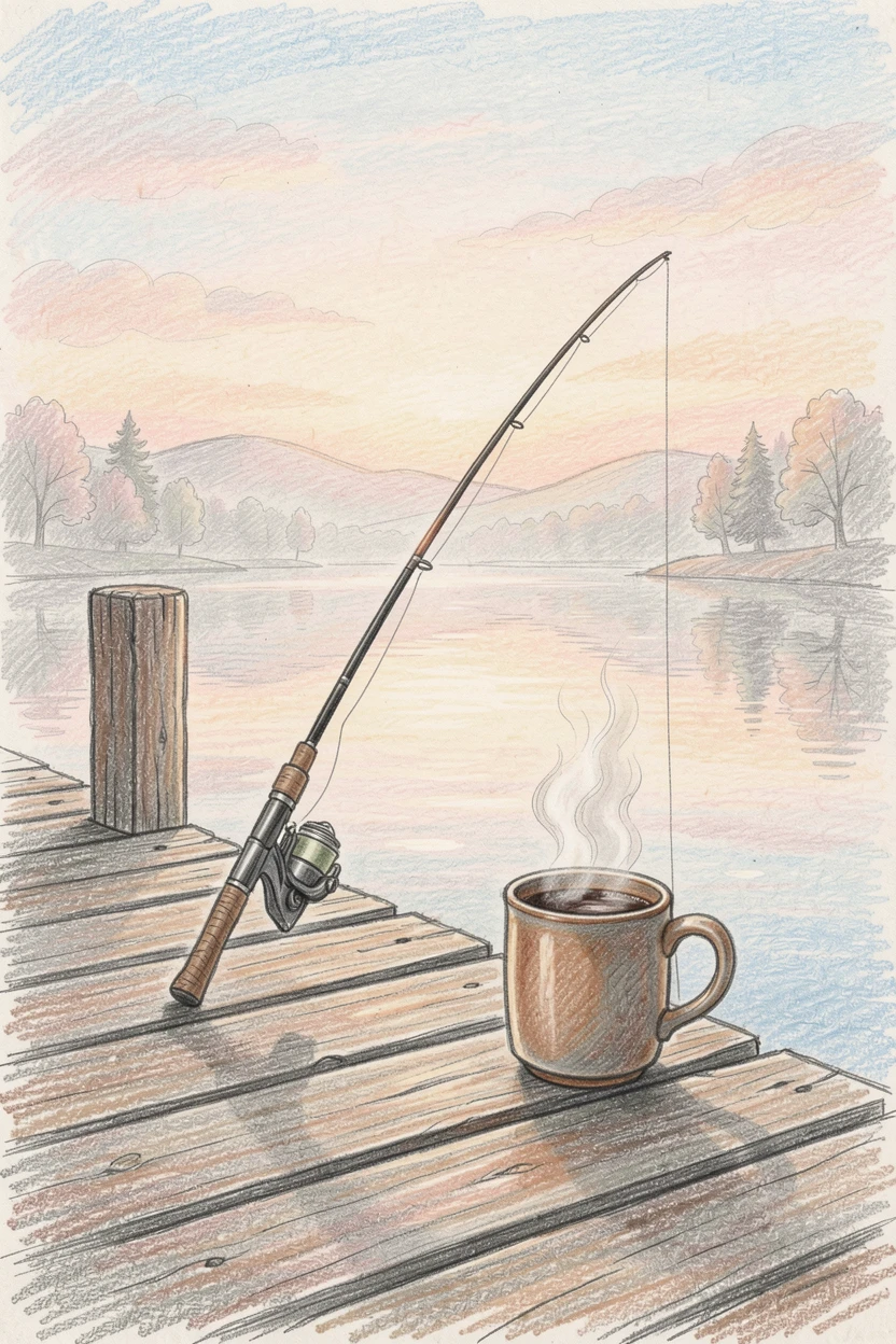 A peaceful lakeside dock with a fishing rod and morning coffee, set against a softly lit, atmospheric backdrop, evoking nostalgia and a deep sense of contentment.