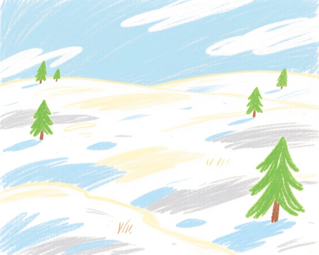 A snow covered meadow glistening under pale winter sunlight.