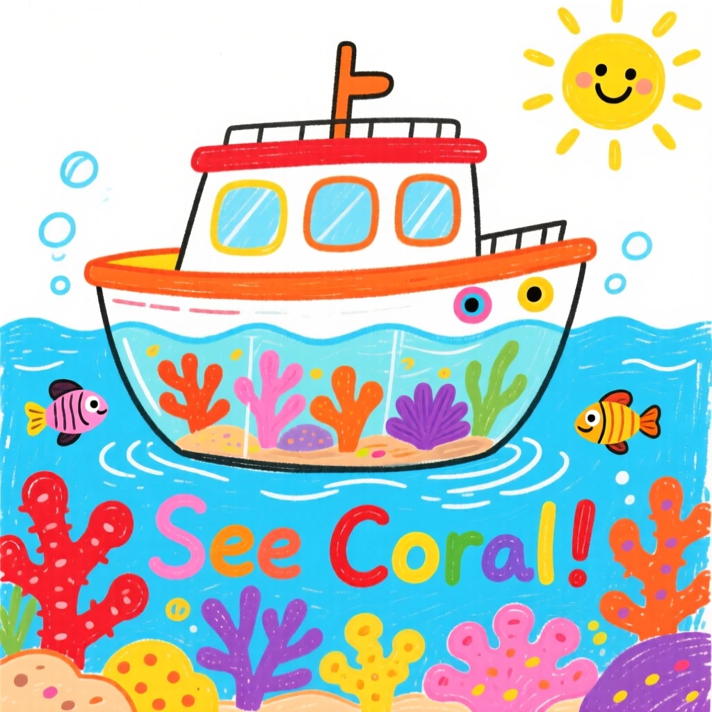 A glass-bottomed boat floating over a coral garden.