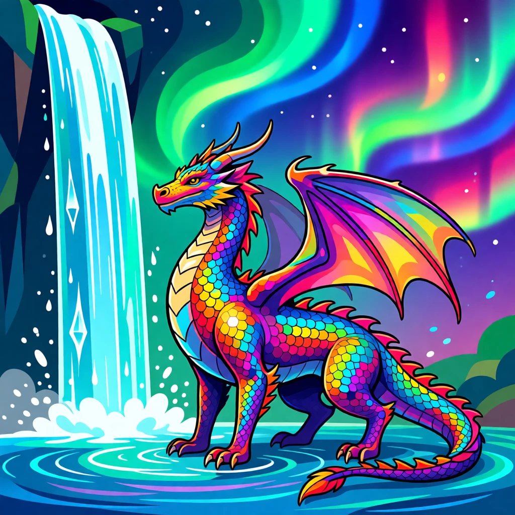 A dragon's scales shimmering like a rainbow beneath a waterfall, set against a backdrop of glowing aurora colors, composed with a fairy-tale storybook quality, with rich jewel tones that evoke wonder and imagination.