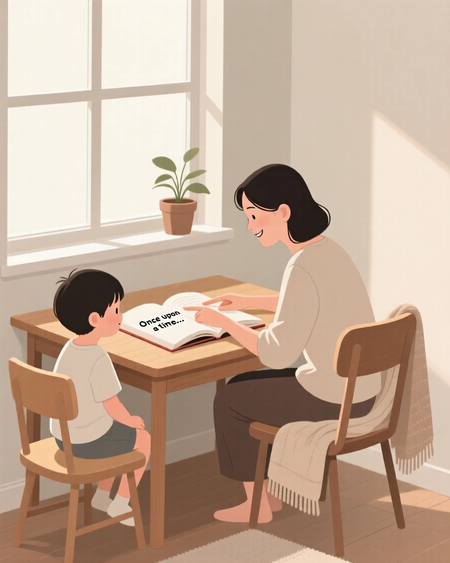 A child learning to read with a parent at a cozy home study nook.