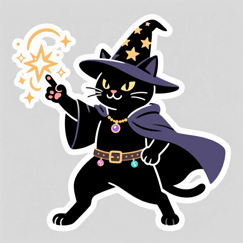 A confidently cool wizard cat casting a sparkling spell, striking a confident heroic pose, as part of a fun original story.