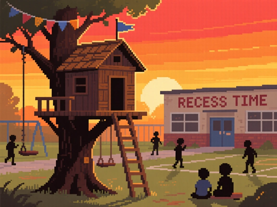 A treehouse built by neighborhood kids framed by a glowing orange sunset, in a schoolyard during recess.