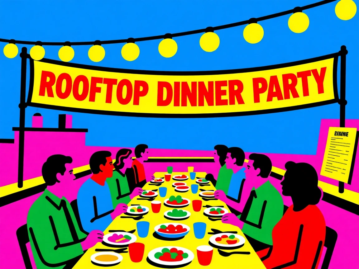Rooftop dinner party with string lights and a long table