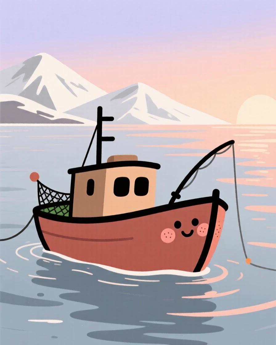 A lone fishing boat drifts across a calm bay as the first light of dawn stretches across the surface and snow-capped peaks rise in the distance.