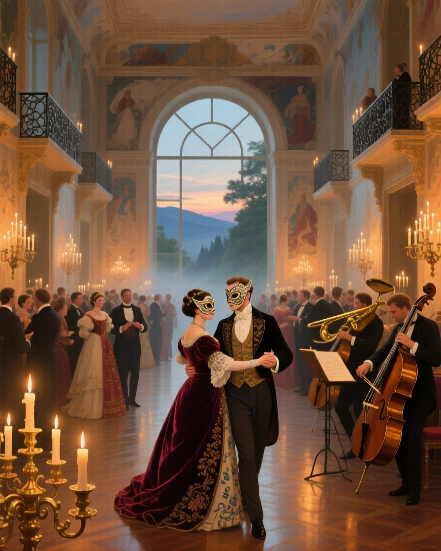 A broad landscape view of a masquerade ball in a candlelit grand hall, in the Balkans, at the start of a humid summer.