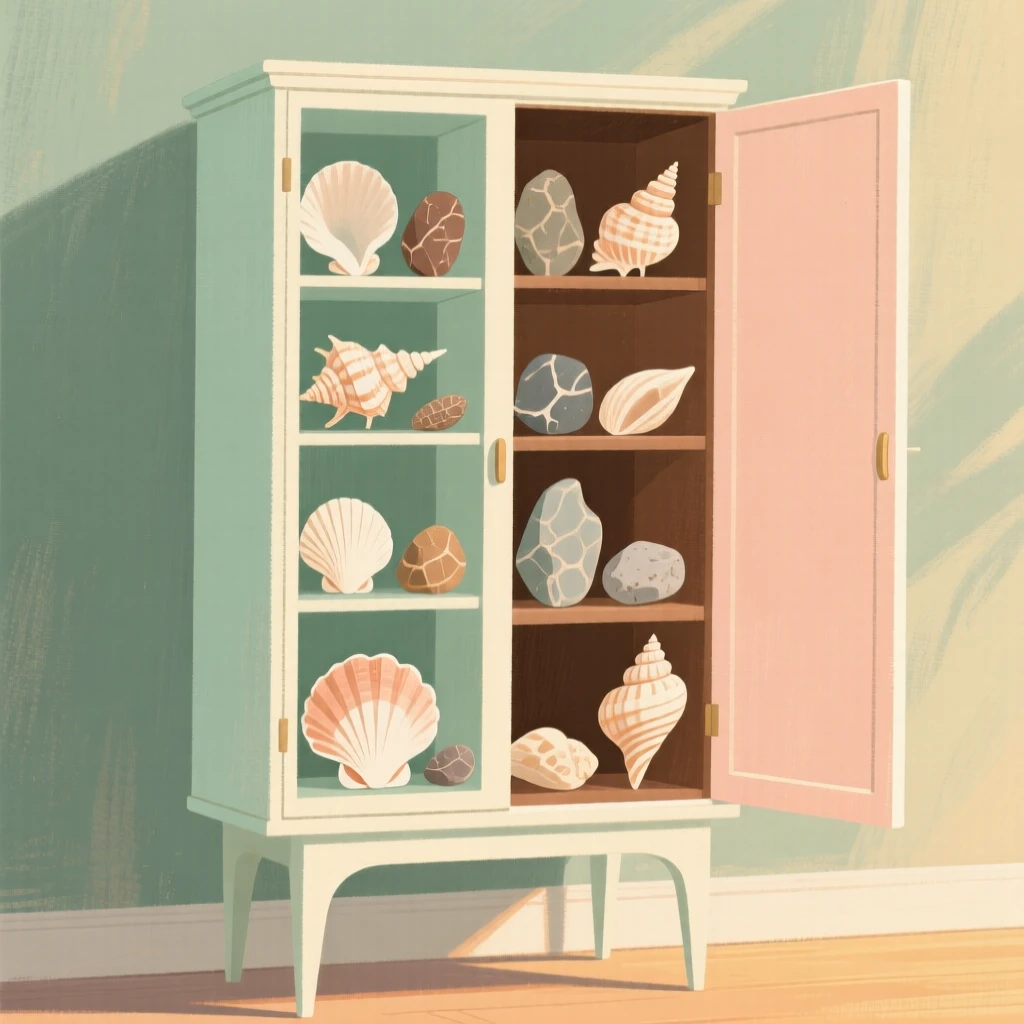 A naturalist's cabinet of curiosities filled with shells and stones