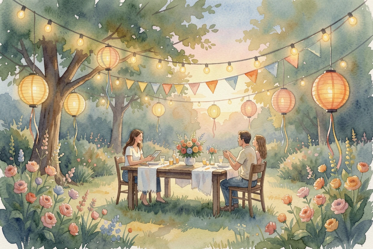 A summer garden party with string lights and lanterns with festive decorations glowing softly.