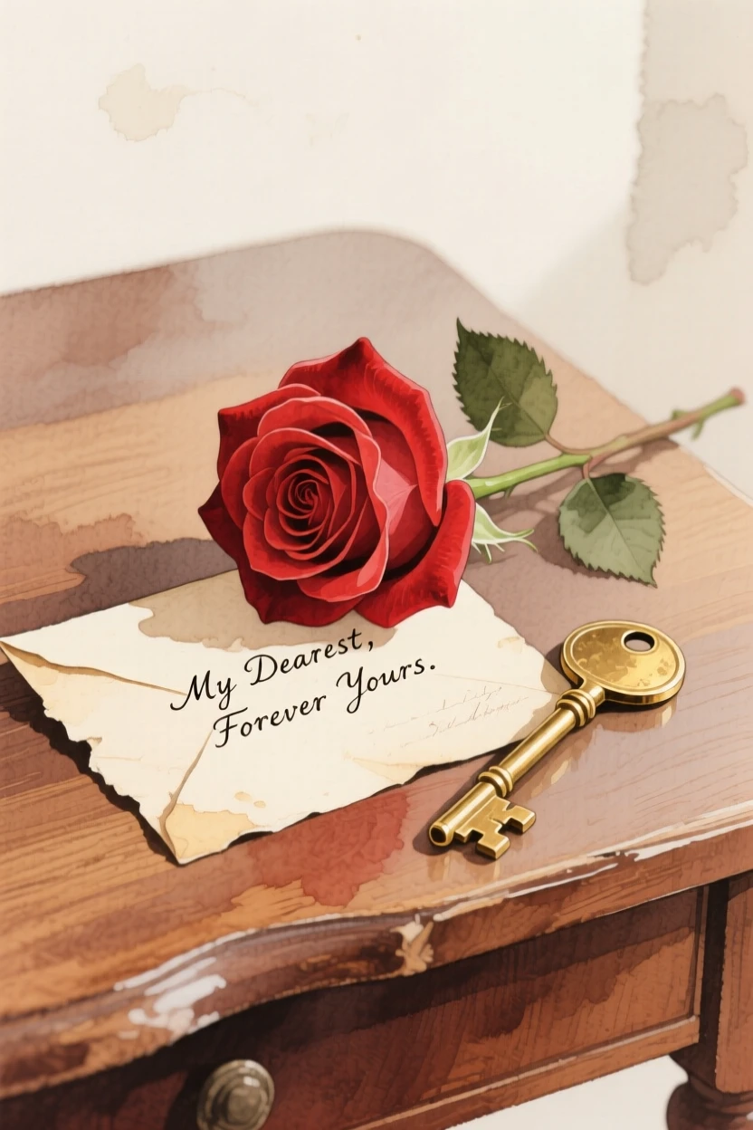 A single red rose in full bloom rests beside an old love letter and a brass key on a wooden desk